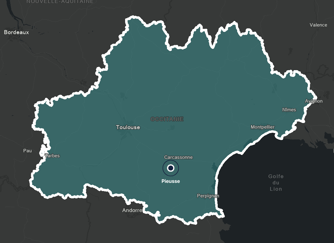 Carte de la région Occitanie indiquant le siège de One Perf à Pieusse, près de Carcassonne, et la zone d'intervention couvrant Toulouse, Montpellier, Nîmes et Perpignan